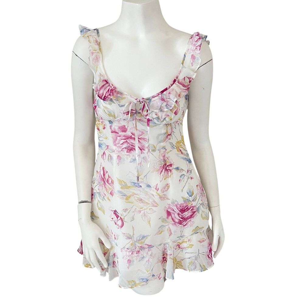 Majorelle Milkmaid Mini Dress‎ S White Pink Floral Tie Front Romantic Cottage